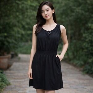 LL Bean Dress Womens Medium Petite Midi Black Jersey Sleeveless Surplice Casual